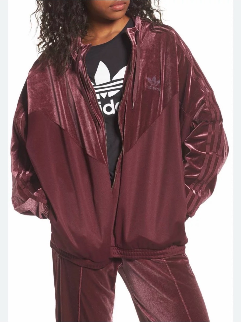adidas Maroon Velour Zip Hoodie with Trefoil Tag